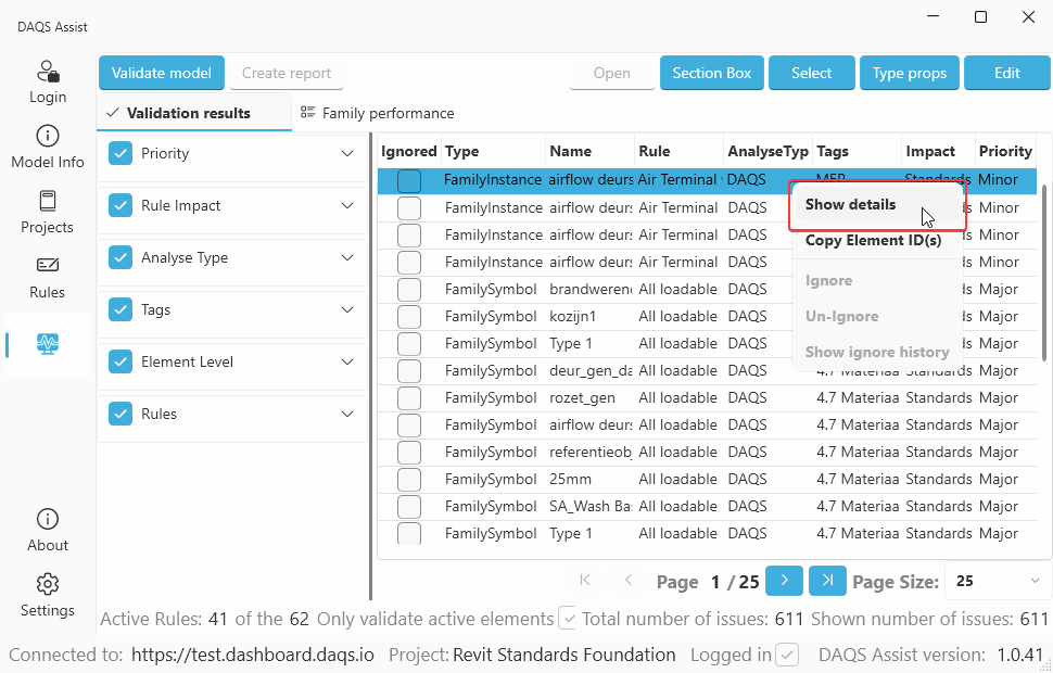 Show the details of a Validation Result